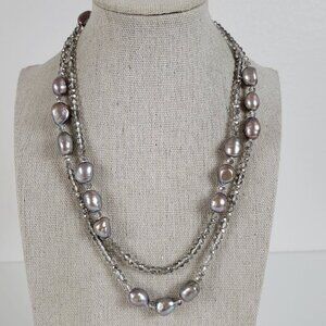 Natural Freswater Pearl And Crystal Beaded Necklace 35 In Endless Gray Baroque